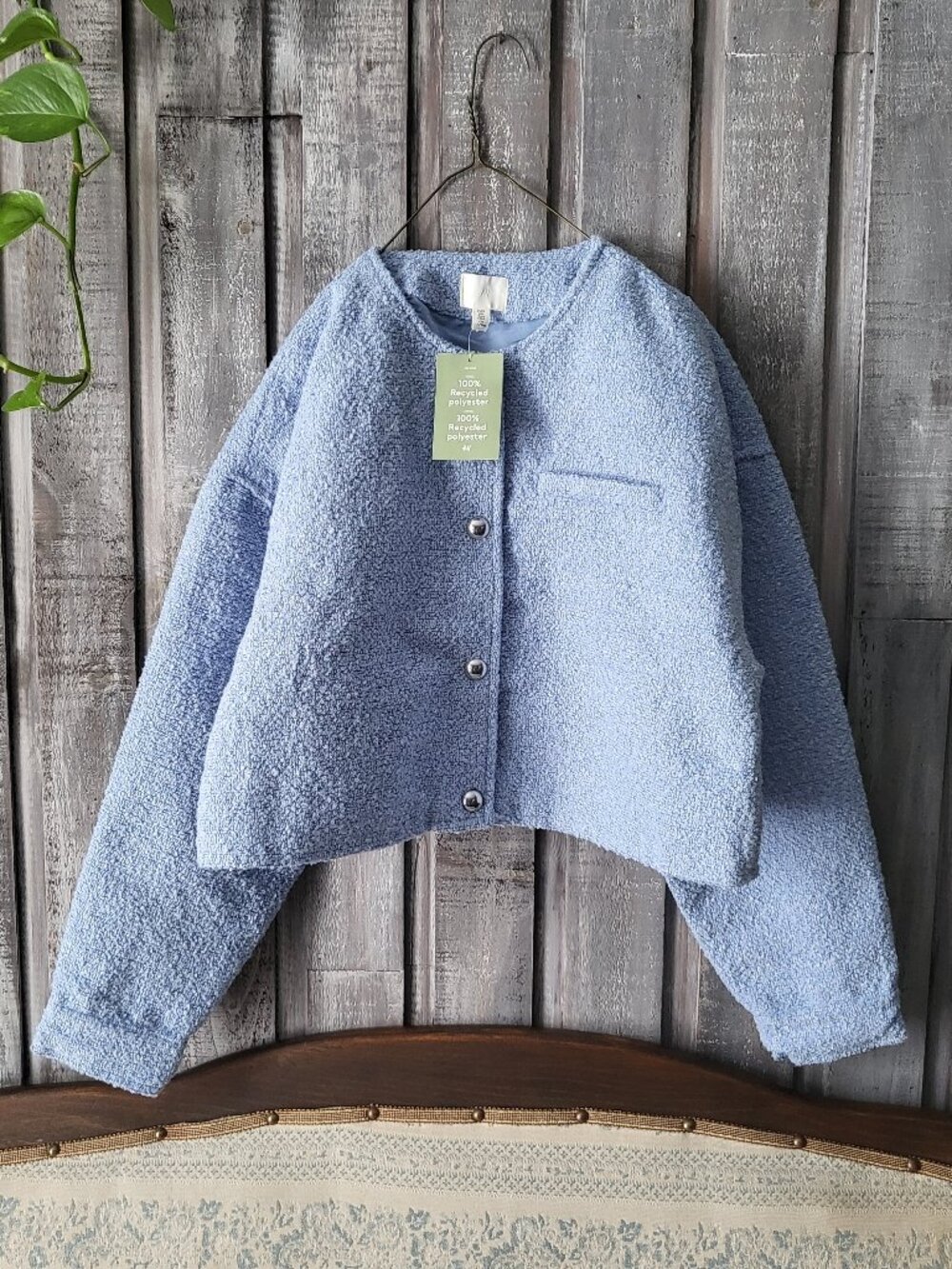 H&M Periwinkle Blue Textured Boucle Cropped Jacket NWT Size Large